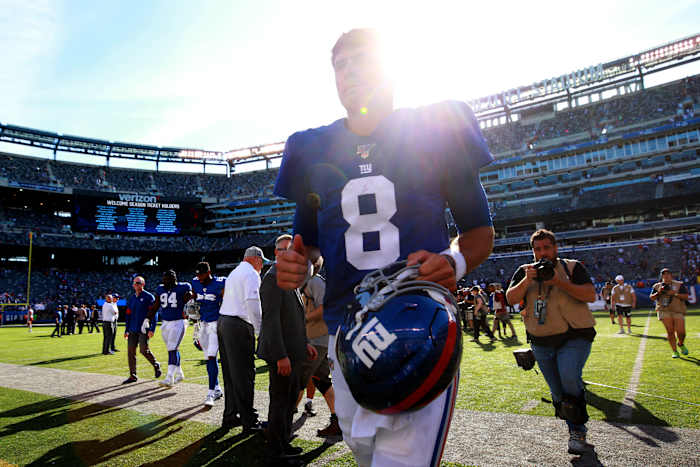 Sep 29, 2019; East Rutherford, NJ, USA; New York Giants quarterback Daniel Jones (8) runs off the field after defeating the Washington Redskins at MetLife Stadium. Mandatory Credit: Brad Penner-USA TODAY Sports